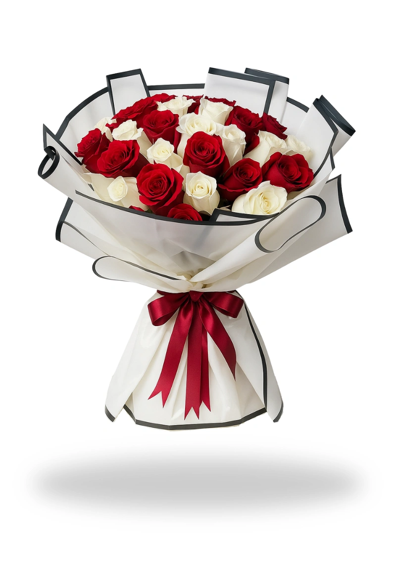 Premium 50 Red & White Rose Bouquet by online flower shop UAE
